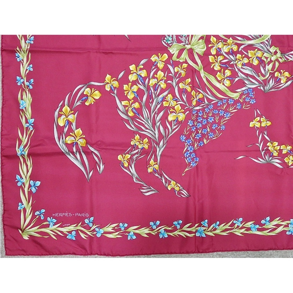 Hermes Silk Scarf - Rich Magenta with Floral Design - Picture 5 of 11